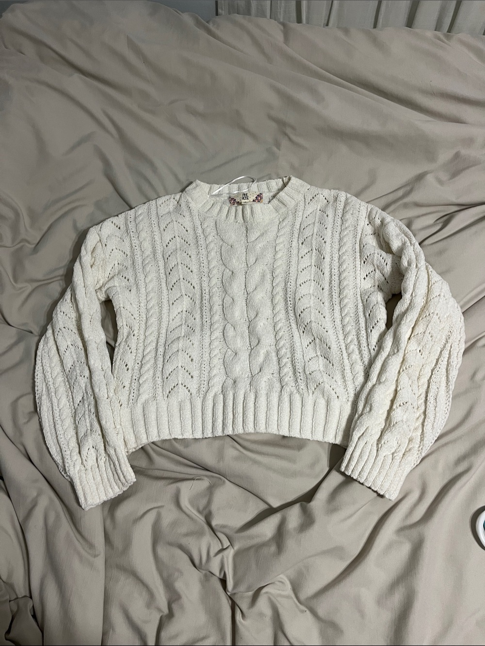Pink Rose Ivory Cable-Knit Cropped Crewneck Sweater
